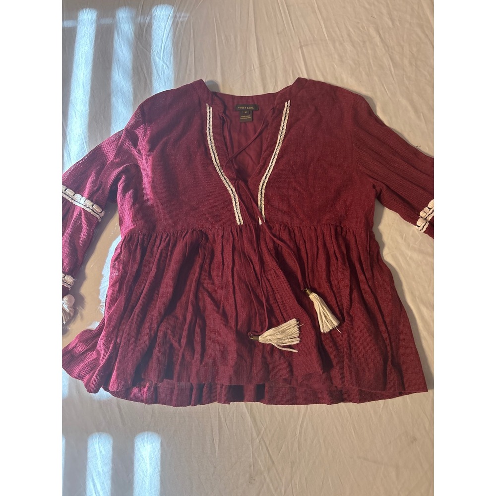 Vineet Bahl Peasant Blouse Womens M Burgundy Gauze Excellent Tassel Pom Pom Boho
